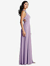 Side View Thumbnail - Pale Purple Stand Collar Halter Maxi Dress with Criss Cross Open-Back