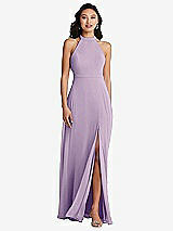 Rear View Thumbnail - Pale Purple Stand Collar Halter Maxi Dress with Criss Cross Open-Back