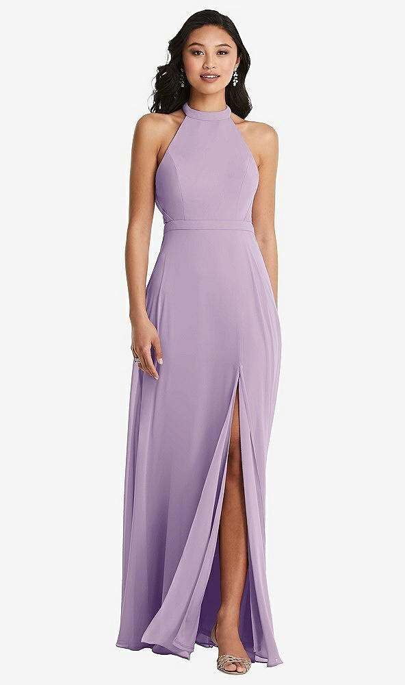 Back View - Pale Purple Stand Collar Halter Maxi Dress with Criss Cross Open-Back