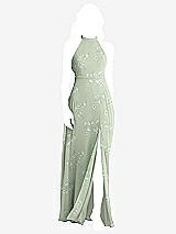 Rear View Thumbnail - Vintage Primrose Sage Stand Collar Halter Maxi Dress with Criss Cross Open-Back