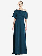 Front View Thumbnail - Atlantic Blue One-Shoulder Sleeved Blouson Trumpet Gown