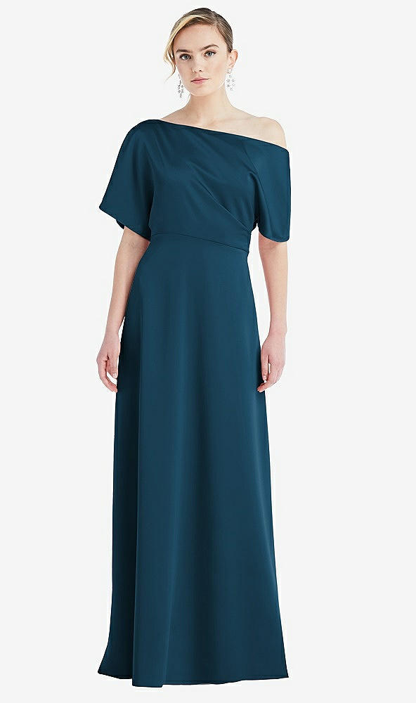 Front View - Atlantic Blue One-Shoulder Sleeved Blouson Trumpet Gown