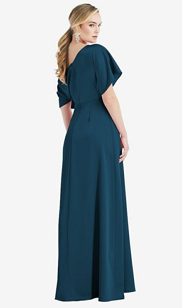 Back View - Atlantic Blue One-Shoulder Sleeved Blouson Trumpet Gown