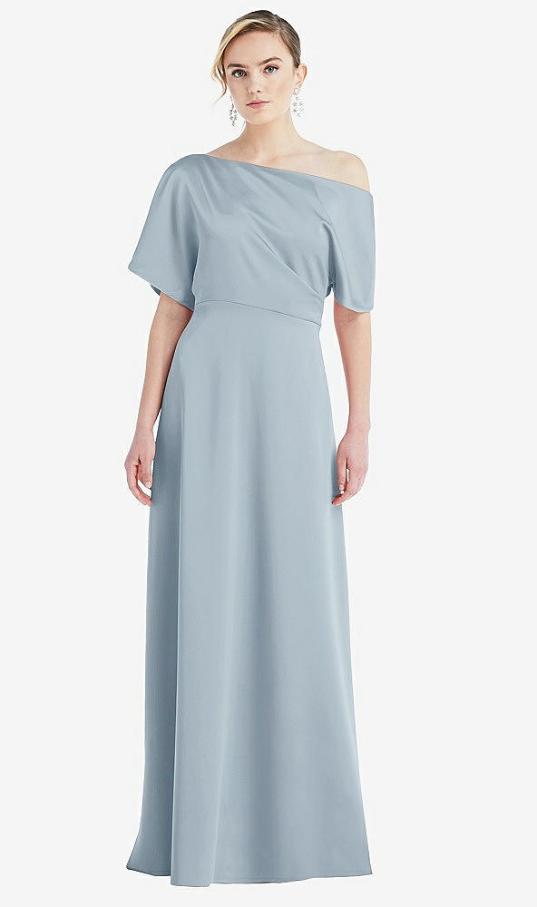 Front View - Mist One-Shoulder Sleeved Blouson Trumpet Gown