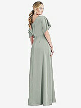Rear View Thumbnail - Willow Green One-Shoulder Sleeved Blouson Trumpet Gown