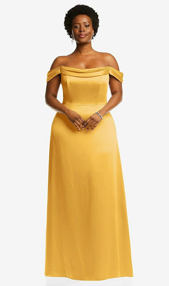Front View - NYC Yellow Draped Pleat Off-the-Shoulder Maxi Dress