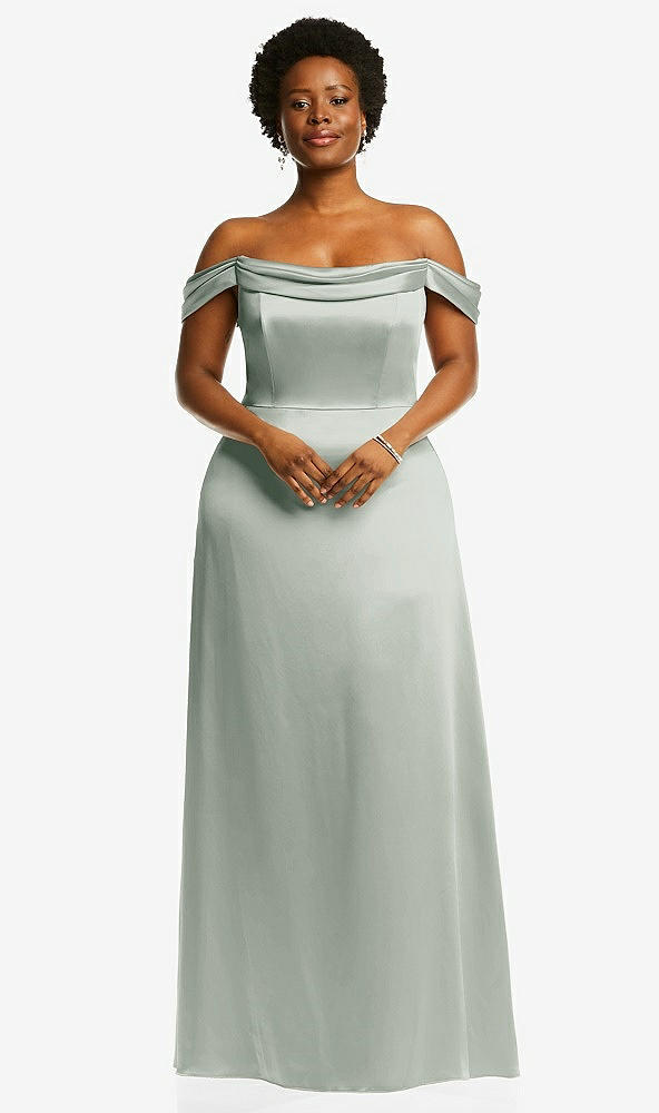 Front View - Willow Green Draped Pleat Off-the-Shoulder Maxi Dress