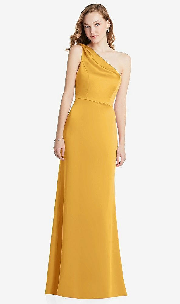 Front View - NYC Yellow Shirred One-Shoulder Satin Trumpet Dress - Maddie