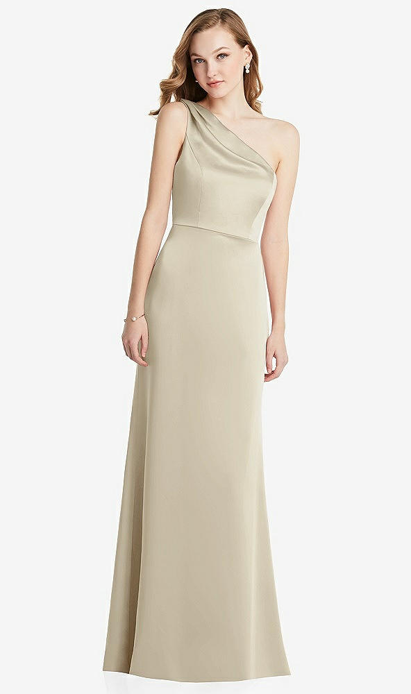 Front View - Champagne Shirred One-Shoulder Satin Trumpet Dress - Maddie