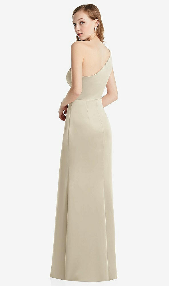 Back View - Champagne Shirred One-Shoulder Satin Trumpet Dress - Maddie