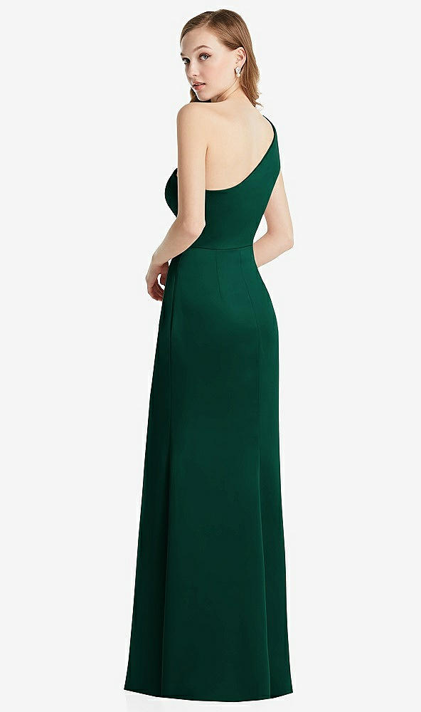 Back View - Hunter Green Shirred One-Shoulder Satin Trumpet Dress - Maddie