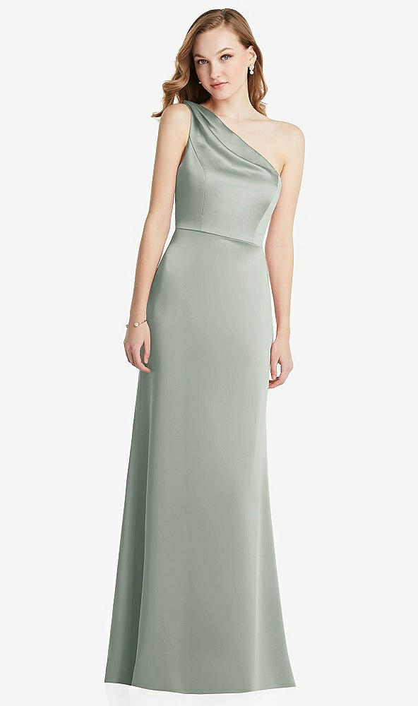 Front View - Willow Green Shirred One-Shoulder Satin Trumpet Dress - Maddie