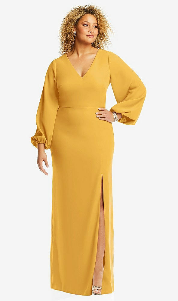 Front View - NYC Yellow Long Puff Sleeve V-Neck Trumpet Gown