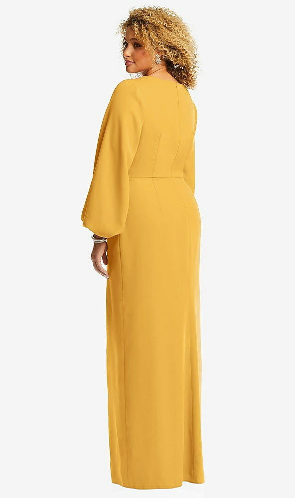 Back View - NYC Yellow Long Puff Sleeve V-Neck Trumpet Gown