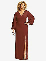 Front View Thumbnail - Auburn Moon Long Puff Sleeve V-Neck Trumpet Gown