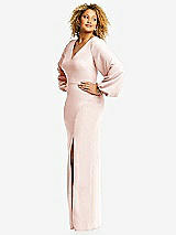 Side View Thumbnail - Blush Long Puff Sleeve V-Neck Trumpet Gown
