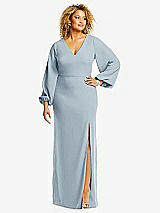 Front View Thumbnail - Mist Long Puff Sleeve V-Neck Trumpet Gown