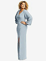 Side View Thumbnail - Mist Long Puff Sleeve V-Neck Trumpet Gown