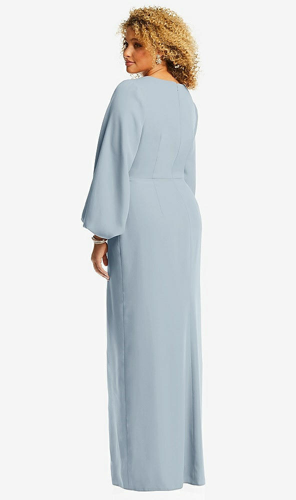 Back View - Mist Long Puff Sleeve V-Neck Trumpet Gown