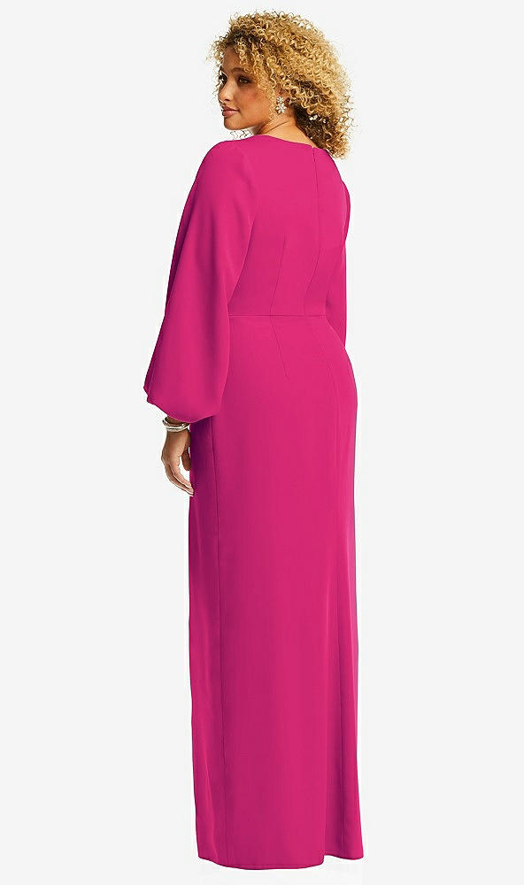 Back View - Think Pink Long Puff Sleeve V-Neck Trumpet Gown