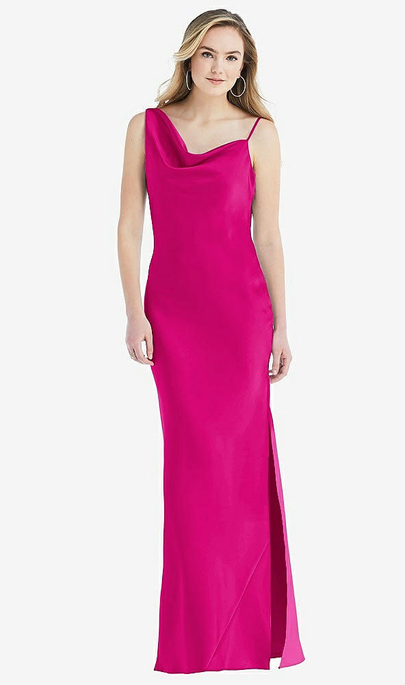 Front View - Think Pink Asymmetrical One-Shoulder Cowl Maxi Slip Dress