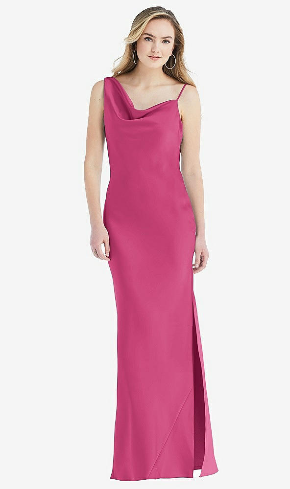 Front View - Tea Rose Asymmetrical One-Shoulder Cowl Maxi Slip Dress