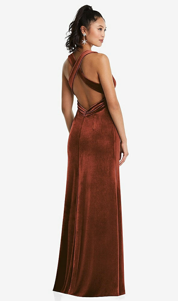 Back View - Auburn Moon Plunging Neckline Velvet Maxi Dress with Criss Cross Open-Back