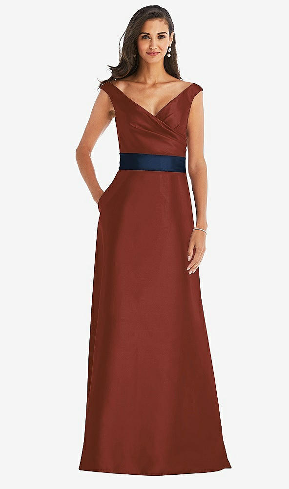 Front View - Auburn Moon & Midnight Navy Off-the-Shoulder Draped Wrap Satin Maxi Dress