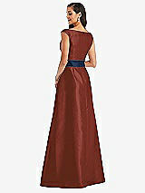 Rear View Thumbnail - Auburn Moon & Midnight Navy Off-the-Shoulder Draped Wrap Satin Maxi Dress