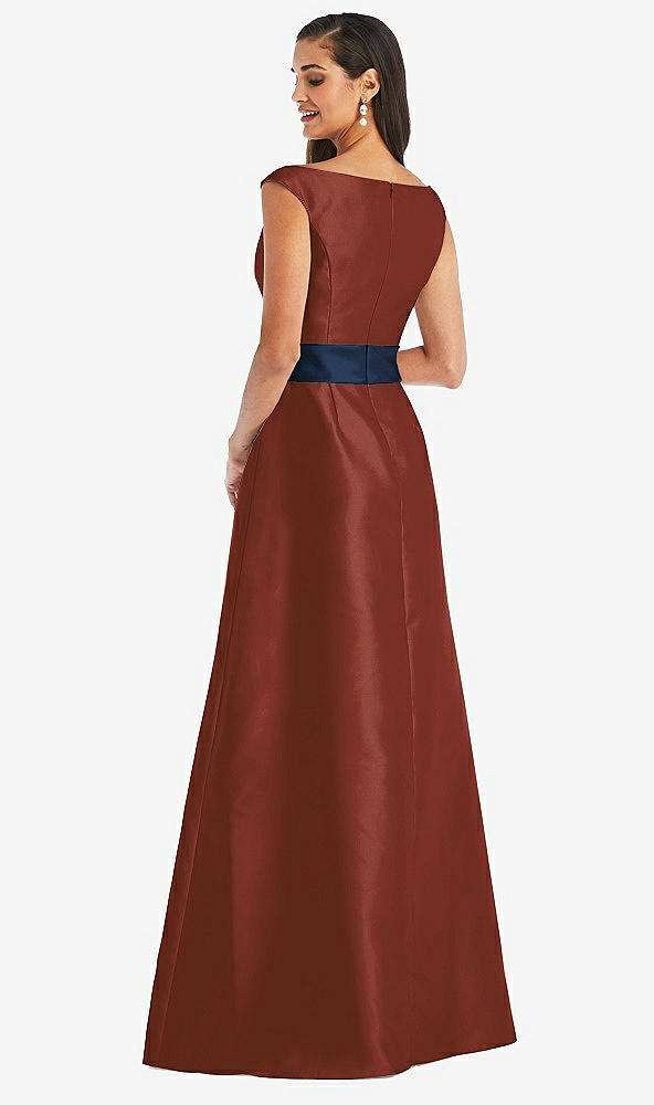 Back View - Auburn Moon & Midnight Navy Off-the-Shoulder Draped Wrap Satin Maxi Dress