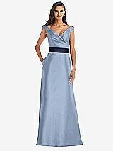 Front View Thumbnail - Cloudy & Midnight Navy Off-the-Shoulder Draped Wrap Satin Maxi Dress