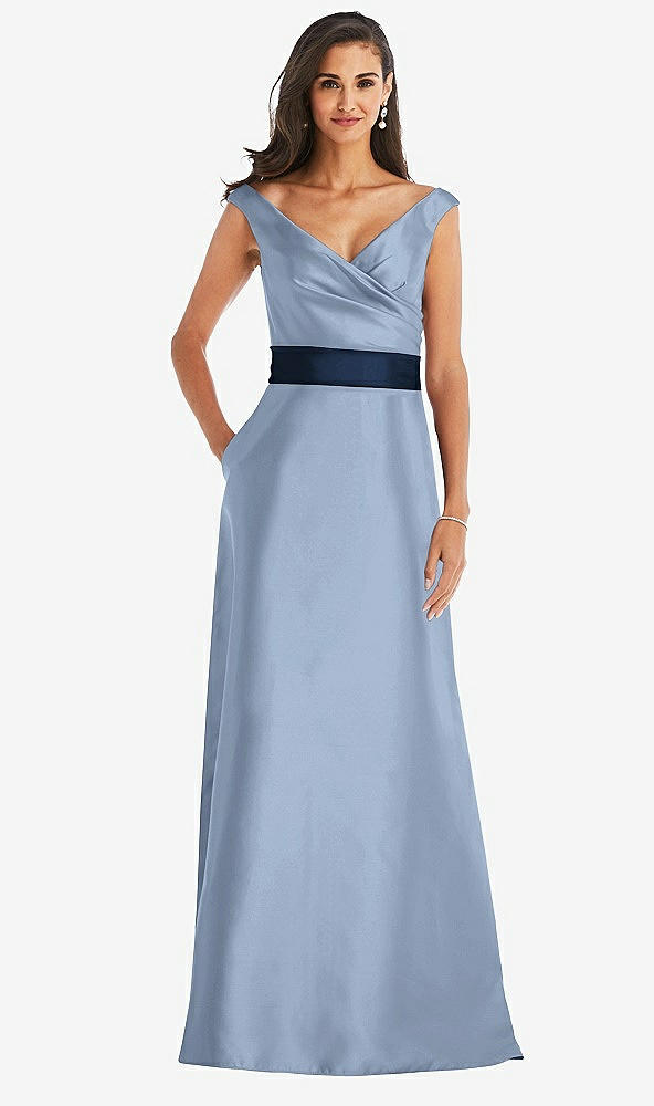 Front View - Cloudy & Midnight Navy Off-the-Shoulder Draped Wrap Satin Maxi Dress