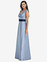 Side View Thumbnail - Cloudy & Midnight Navy Off-the-Shoulder Draped Wrap Satin Maxi Dress