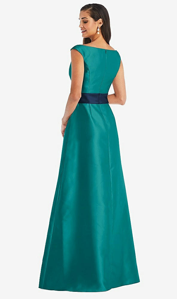 Back View - Jade & Midnight Navy Off-the-Shoulder Draped Wrap Satin Maxi Dress