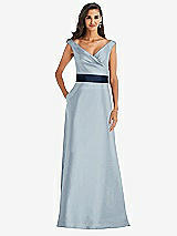 Front View Thumbnail - Mist & Midnight Navy Off-the-Shoulder Draped Wrap Satin Maxi Dress