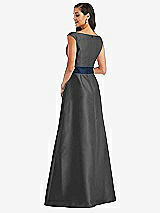 Rear View Thumbnail - Pewter & Midnight Navy Off-the-Shoulder Draped Wrap Satin Maxi Dress