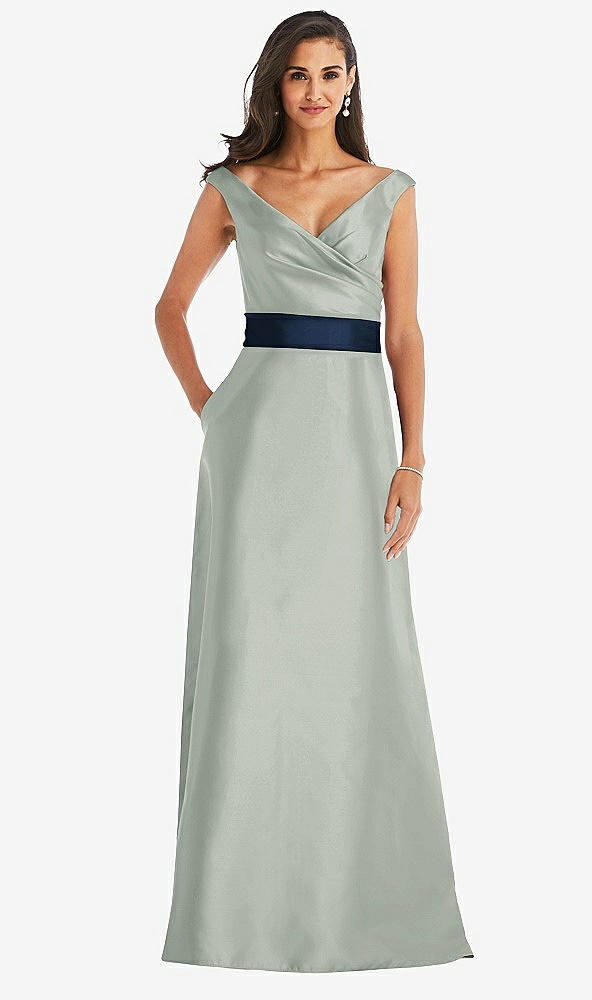 Front View - Willow Green & Midnight Navy Off-the-Shoulder Draped Wrap Satin Maxi Dress