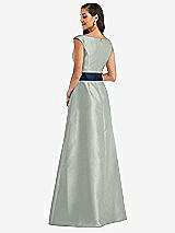 Rear View Thumbnail - Willow Green & Midnight Navy Off-the-Shoulder Draped Wrap Satin Maxi Dress