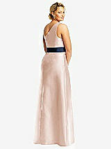 Rear View Thumbnail - Cameo & Midnight Navy Draped One-Shoulder Satin Maxi Dress with Pockets