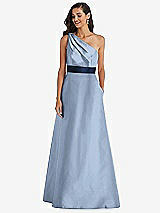 Alt View 1 Thumbnail - Cloudy & Midnight Navy Draped One-Shoulder Satin Maxi Dress with Pockets