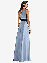 Alt View 3 Thumbnail - Cloudy & Midnight Navy Draped One-Shoulder Satin Maxi Dress with Pockets