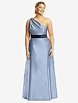 Front View Thumbnail - Cloudy & Midnight Navy Draped One-Shoulder Satin Maxi Dress with Pockets