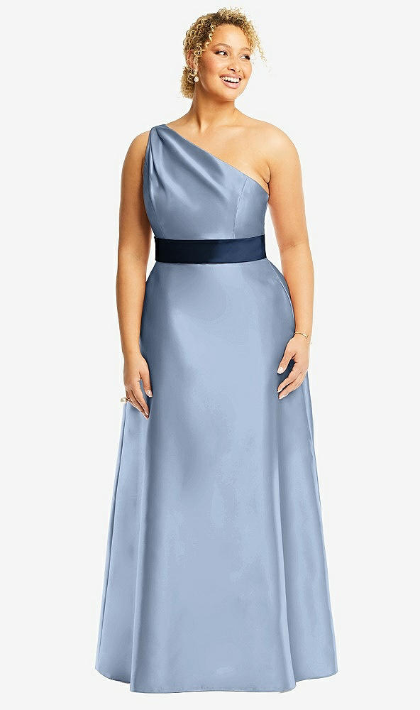 Front View - Cloudy & Midnight Navy Draped One-Shoulder Satin Maxi Dress with Pockets