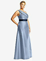 Side View Thumbnail - Cloudy & Midnight Navy Draped One-Shoulder Satin Maxi Dress with Pockets
