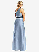 Rear View Thumbnail - Cloudy & Midnight Navy Draped One-Shoulder Satin Maxi Dress with Pockets