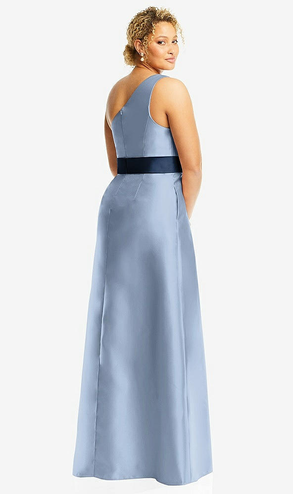 Back View - Cloudy & Midnight Navy Draped One-Shoulder Satin Maxi Dress with Pockets