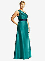 Side View Thumbnail - Jade & Midnight Navy Draped One-Shoulder Satin Maxi Dress with Pockets