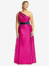 Front View Thumbnail - Think Pink & Midnight Navy Draped One-Shoulder Satin Maxi Dress with Pockets