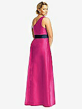 Rear View Thumbnail - Think Pink & Midnight Navy Draped One-Shoulder Satin Maxi Dress with Pockets