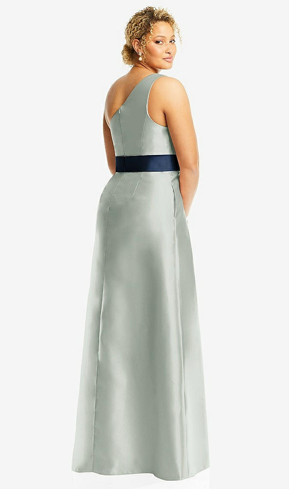 Back View - Willow Green & Midnight Navy Draped One-Shoulder Satin Maxi Dress with Pockets